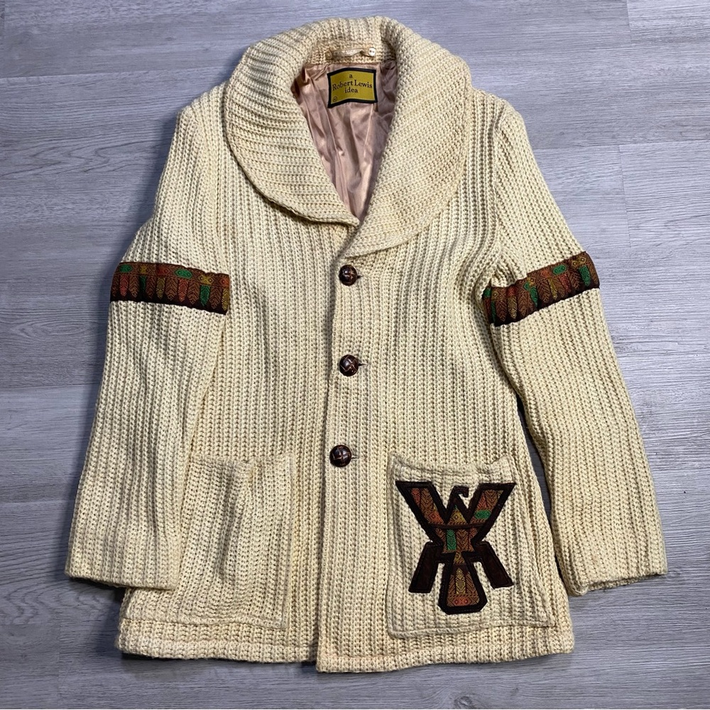 Vintage 70s a Robert Lewis idea Cream Wool Chunky Aztec Cardigan Sweater Size 42